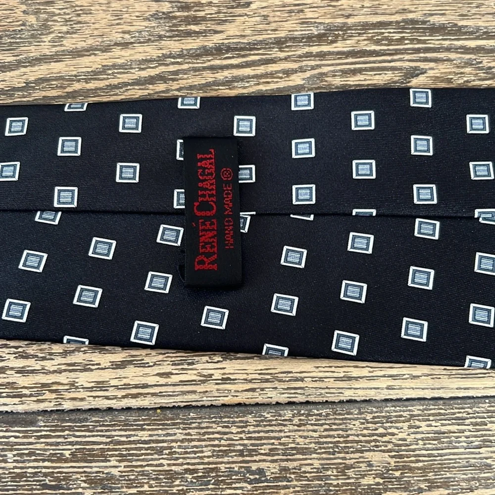 Rene Chagal Classic Black and Gray Geometric Silk Tie Hand Made‎